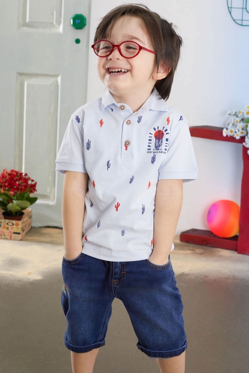 Mavi Kaktüs Desenli Polo Yaka Jean Şortlu Erkek Çocuk Takım 18739