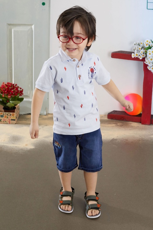 Mavi Kaktüs Desenli Polo Yaka Jean Şortlu Erkek Çocuk Takım 18739