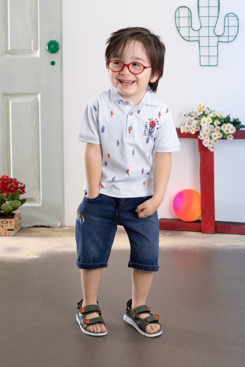 Mavi Kaktüs Desenli Polo Yaka Jean Şortlu Erkek Çocuk Takım 18739