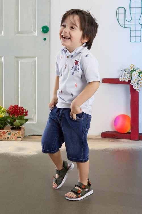 Mavi Kaktüs Desenli Polo Yaka Jean Şortlu Erkek Çocuk Takım 18739