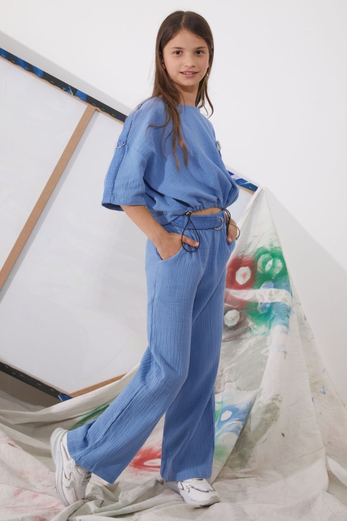 Mavi Kalp Nakışlı Cepli Oversize Croplu Kız Çocuk Alt Üst Takım 18942