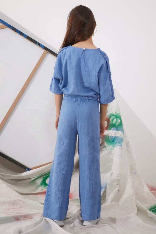 Mavi Kalp Nakışlı Cepli Oversize Croplu Kız Çocuk Alt Üst Takım 18942