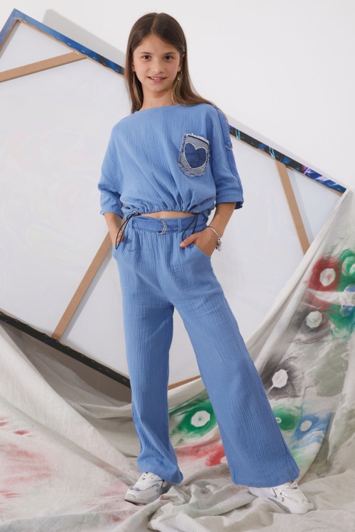 Mavi Kalp Nakışlı Cepli Oversize Croplu Kız Çocuk Alt Üst Takım 18942