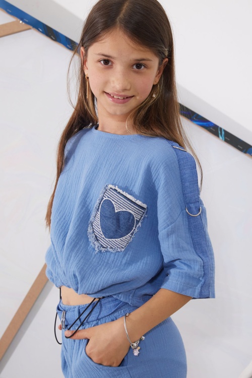 Mavi Kalp Nakışlı Cepli Oversize Croplu Kız Çocuk Alt Üst Takım 18942