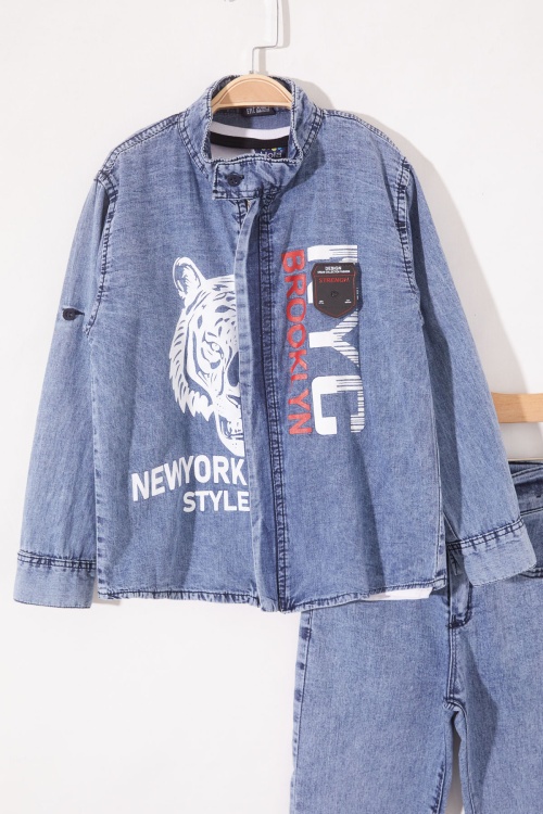 Mavi Kaplan Baskılı Fermuarlı Jean Gömlekli Erkek Çocuk Takım 18982