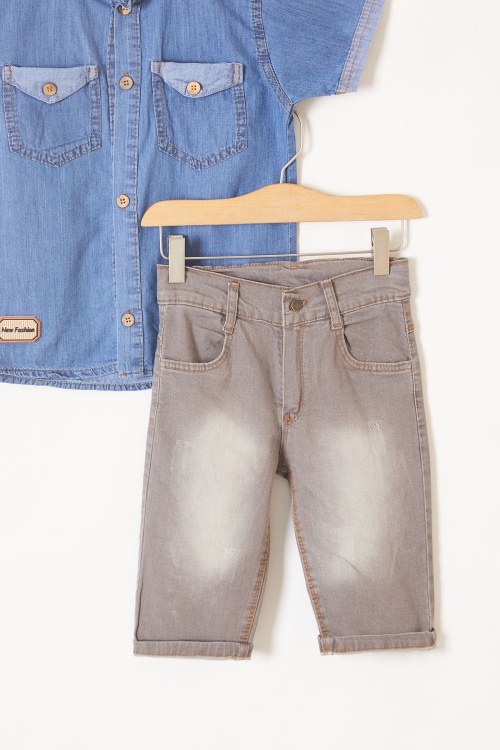 Mavi Kısa Kol Gömlekli Şortlu Erkek Çocuk Jean Takım 19212