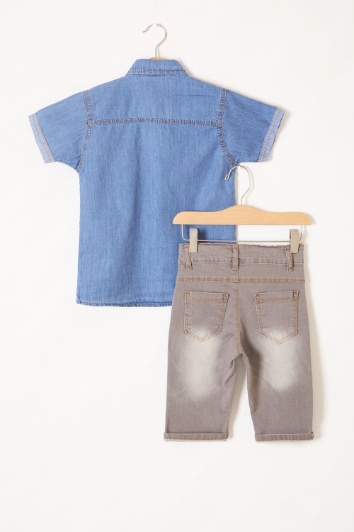 Mavi Kısa Kol Gömlekli Şortlu Erkek Çocuk Jean Takım 19212