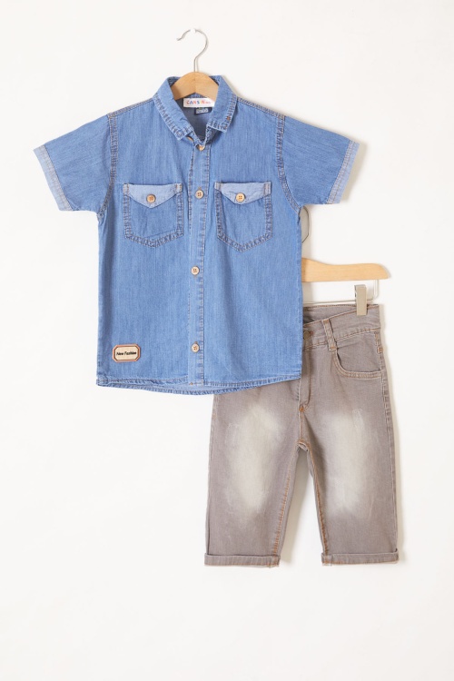 Mavi Kısa Kol Gömlekli Şortlu Erkek Çocuk Jean Takım 19212