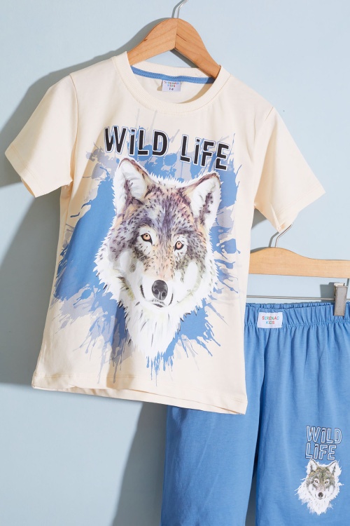 Mavi Kurt Baskı Bisiklet Yaka Erkek Çocuk Şortlu Takım 18680