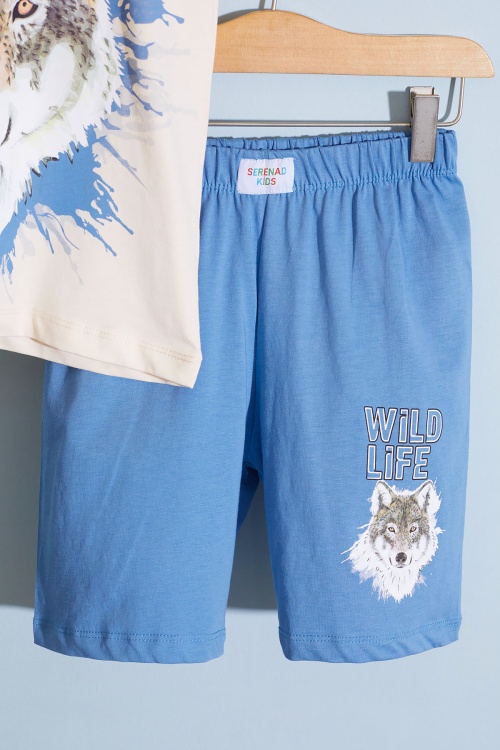 Mavi Kurt Baskı Bisiklet Yaka Erkek Çocuk Şortlu Takım 18680