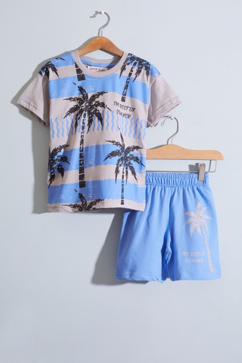 Mavi Palmiye Baskılı Tişörtlü Erkek Çocuk Şortlu Takım 18846