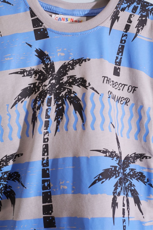 Mavi Palmiye Baskılı Tişörtlü Erkek Çocuk Şortlu Takım 18846