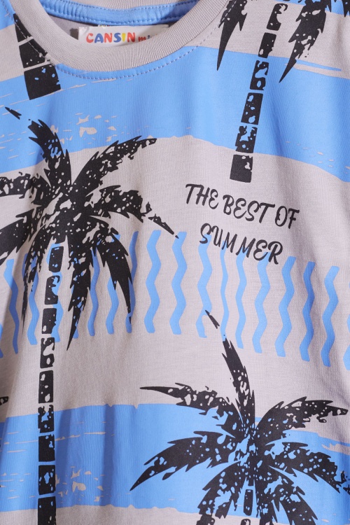 Mavi Palmiye Baskılı Tişörtlü Erkek Çocuk Şortlu Takım 18846