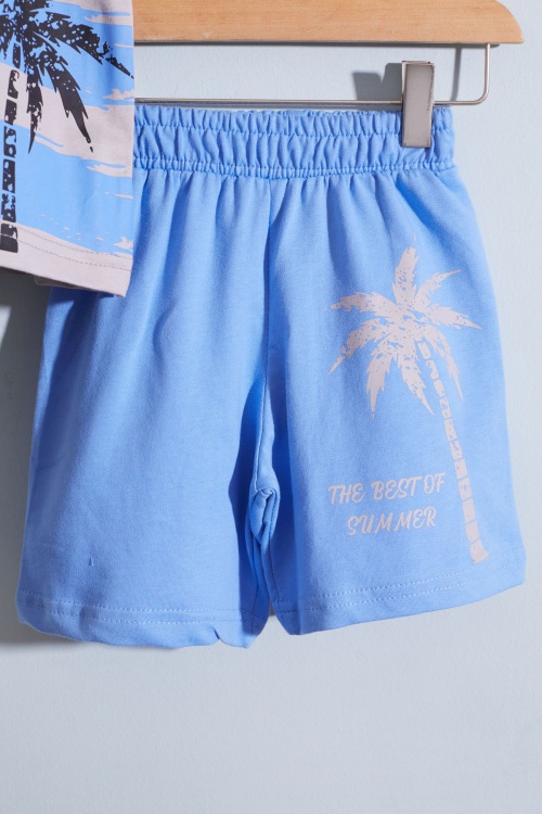 Mavi Palmiye Baskılı Tişörtlü Erkek Çocuk Şortlu Takım 18846
