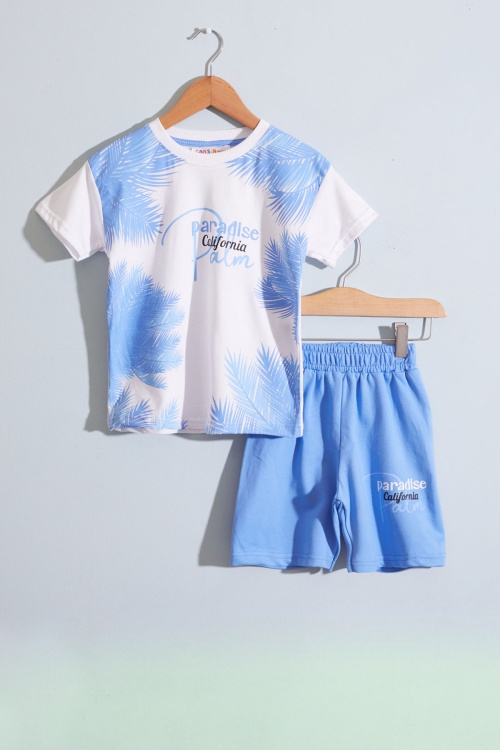 Mavi Paradise Yazılı Palmiyeli Erkek Çocuk Şortlu Takım 18936