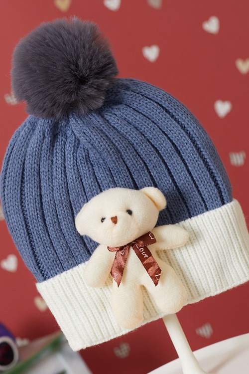 Mavi Sevimli Ayıcıklı Renkli Ponponlu Çocuk Bere 17237