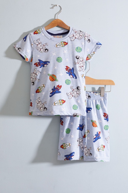 Mavi Uzay Temalı Bisiklet Yaka Erkek Çocuk Şortlu Takım 19025