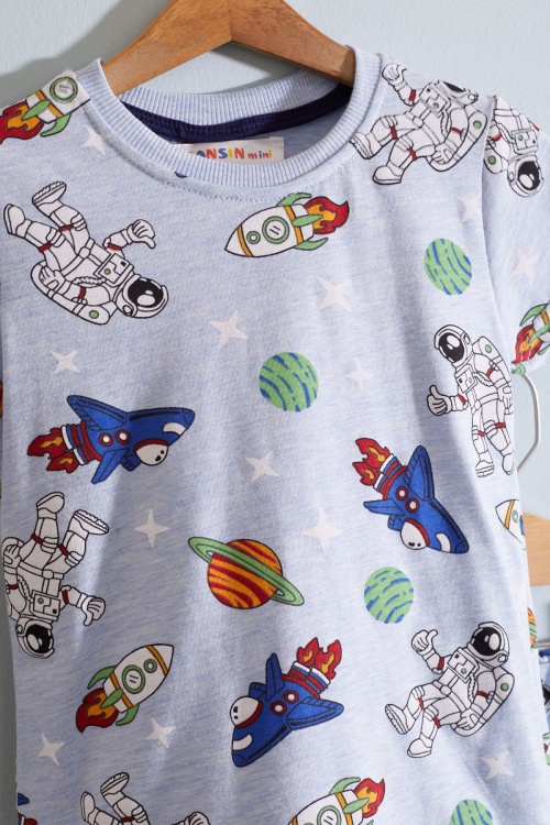 Mavi Uzay Temalı Bisiklet Yaka Erkek Çocuk Şortlu Takım 19025