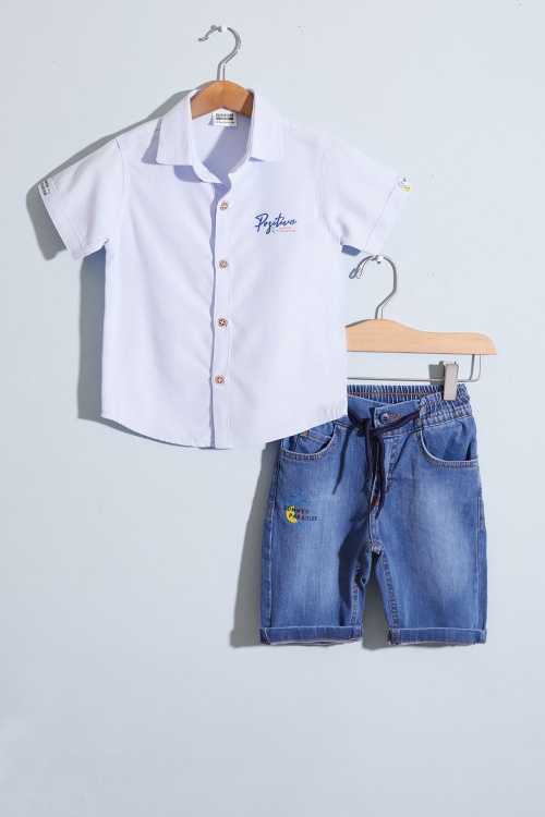 Mavi Yazı Baskılı Gömlekli Jean Şortlu Erkek Çocuk Takım 18964