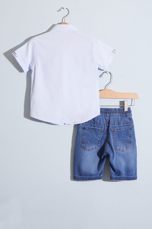 Mavi Yazı Baskılı Gömlekli Jean Şortlu Erkek Çocuk Takım 18964