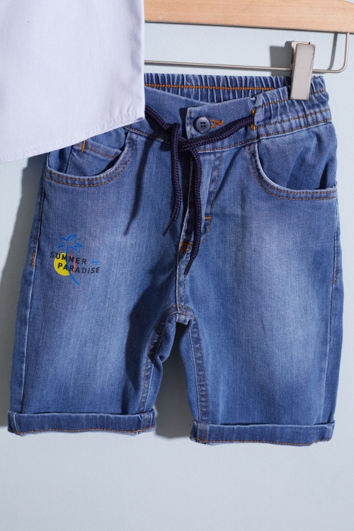 Mavi Yazı Baskılı Gömlekli Jean Şortlu Erkek Çocuk Takım 18964