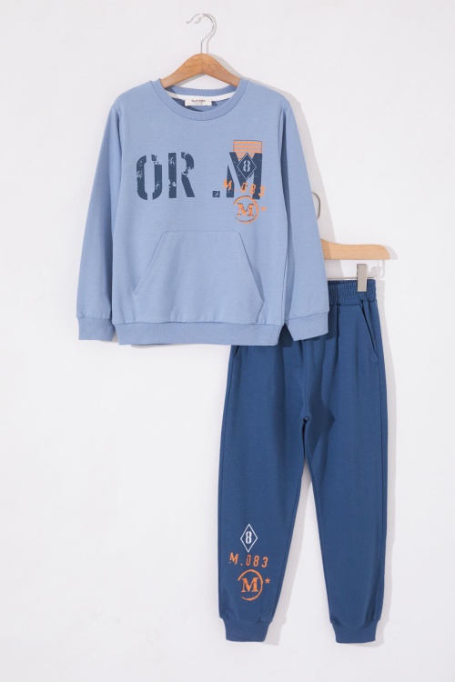 Mavi Yazı Baskılı Kanguru Cepli Erkek Çocuk Eşofman Takımı 19016