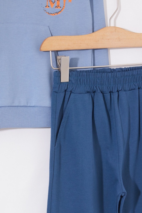 Mavi Yazı Baskılı Kanguru Cepli Erkek Çocuk Eşofman Takımı 19016