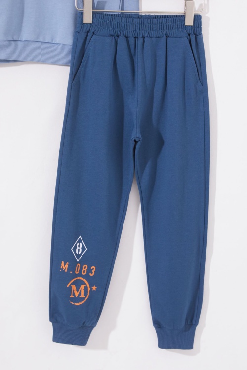 Mavi Yazı Baskılı Kanguru Cepli Erkek Çocuk Eşofman Takımı 19016