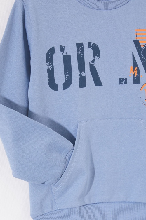 Mavi Yazı Baskılı Kanguru Cepli Erkek Çocuk Eşofman Takımı 19016