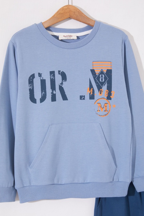 Mavi Yazı Baskılı Kanguru Cepli Erkek Çocuk Eşofman Takımı 19016