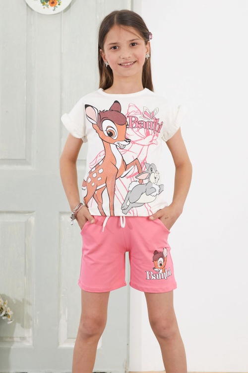 Pembe Bambi Baskılı Kız Çocuk Tişörtlü Şortlu Takım 18813
