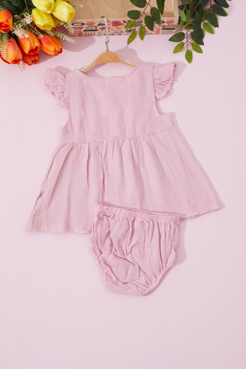 Pembe Çiçek Baskılı Düğmeli Kız Bebek Elbise Külotlu 18824