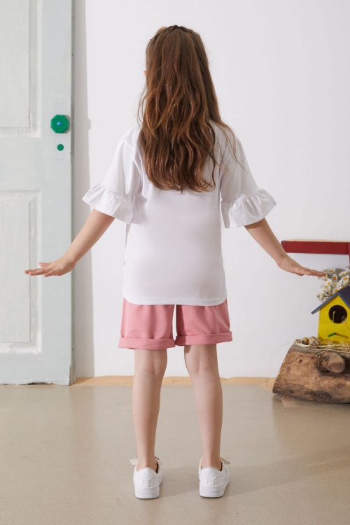 Pembe Çiçek Baskılı Kuşaklı Şortlu Kız Çocuk Takım 18899