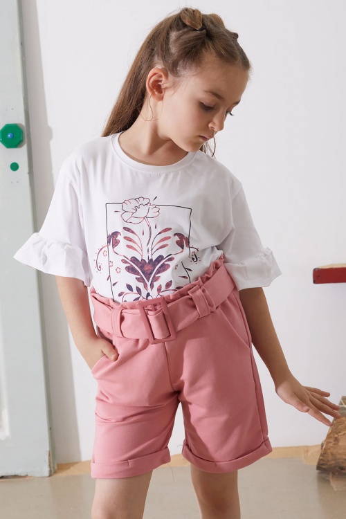 Pembe Çiçek Baskılı Kuşaklı Şortlu Kız Çocuk Takım 18899