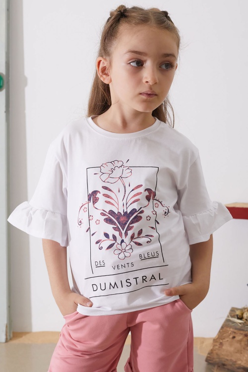 Pembe Çiçek Baskılı Kuşaklı Şortlu Kız Çocuk Takım 18899