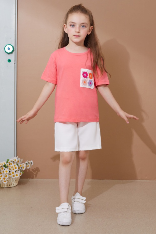 Pembe Çiçek Cep Detaylı Kuşaklı Şortlu Kız Çocuk Takım 18734
