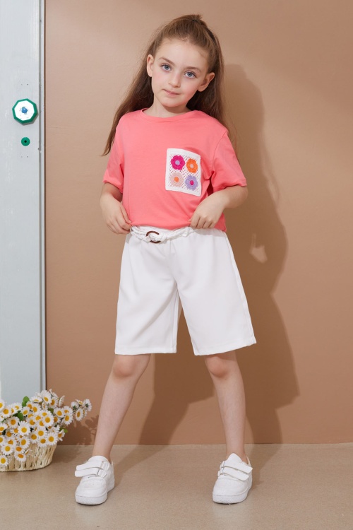 Pembe Çiçek Cep Detaylı Kuşaklı Şortlu Kız Çocuk Takım 18734