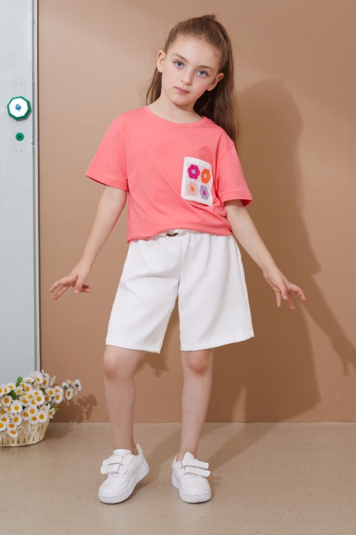 Pembe Çiçek Cep Detaylı Kuşaklı Şortlu Kız Çocuk Takım 18734