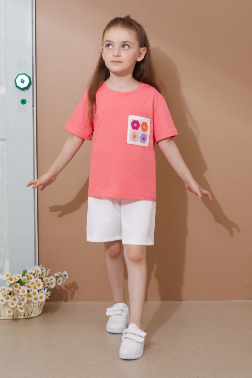Pembe Çiçek Cep Detaylı Kuşaklı Şortlu Kız Çocuk Takım 18734