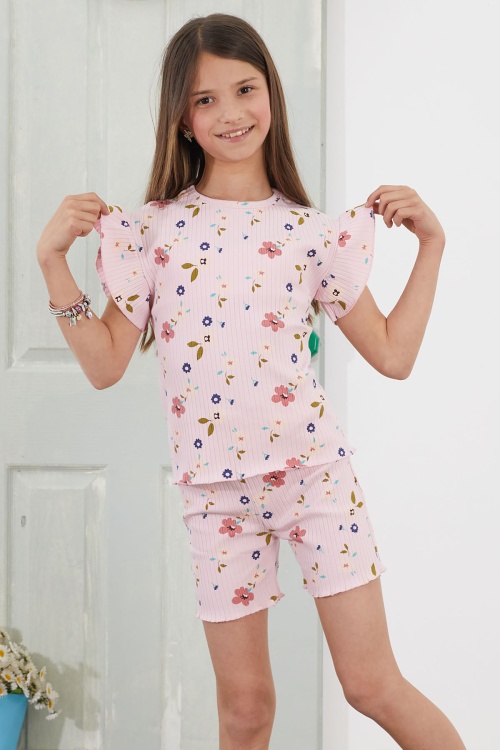 Pembe Çiçek Desenli Fırfırlı Kız Çocuk Şortlu Takım 18816