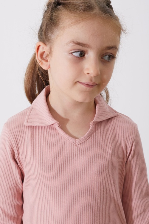 Pembe Fitilli Yakalı Kız Çocuk Uzun Kollu Badi 18877