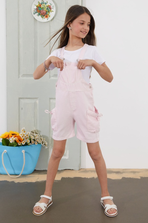 Pembe Göğüs Cepli Kız Çocuk Şort Salopet Tulum 18778
