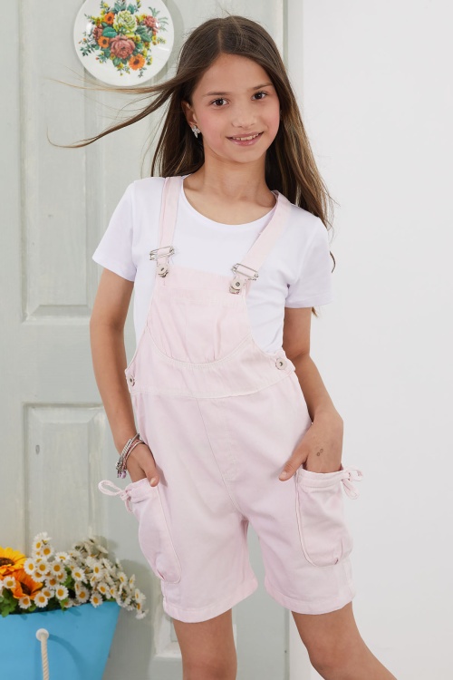 Pembe Göğüs Cepli Kız Çocuk Şort Salopet Tulum 18778