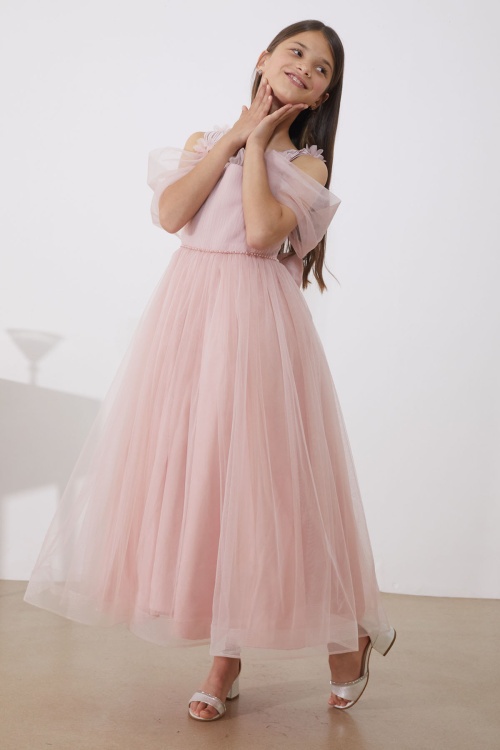 Pembe İnci Taş Şeritli Tüllü Kız Çocuk Askılı Abiye Elbise