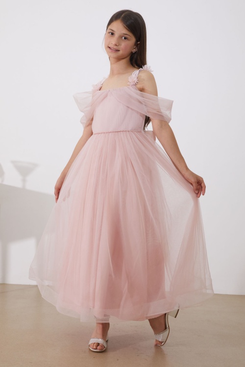 Pembe İnci Taş Şeritli Tüllü Kız Çocuk Askılı Abiye Elbise