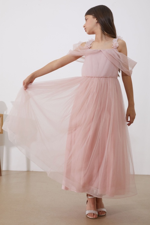 Pembe İnci Taş Şeritli Tüllü Kız Çocuk Askılı Abiye Elbise