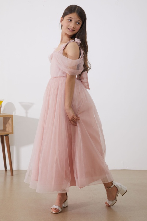 Pembe İnci Taş Şeritli Tüllü Kız Çocuk Askılı Abiye Elbise
