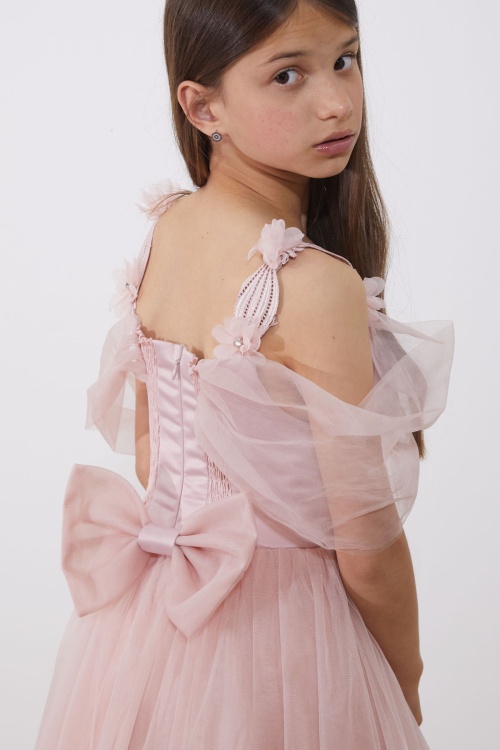 Pembe İnci Taş Şeritli Tüllü Kız Çocuk Askılı Abiye Elbise