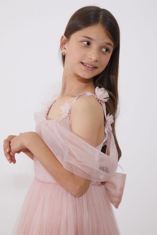 Pembe İnci Taş Şeritli Tüllü Kız Çocuk Askılı Abiye Elbise