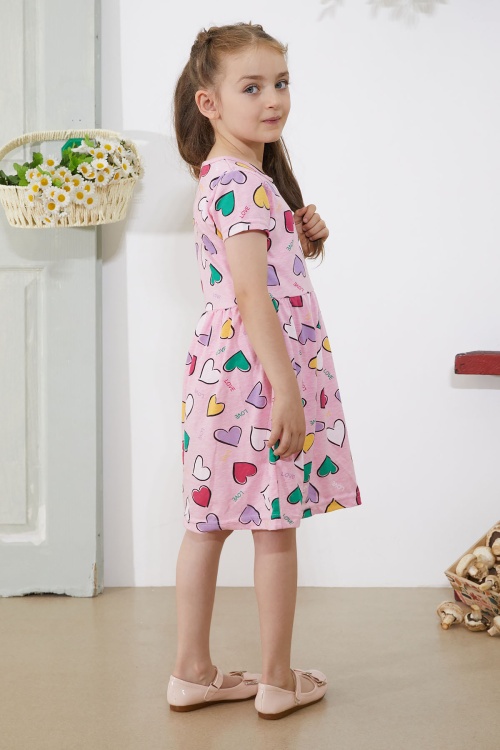 Pembe Kalp Baskılı Kısa Kollu Kız Çocuk Elbise 18779